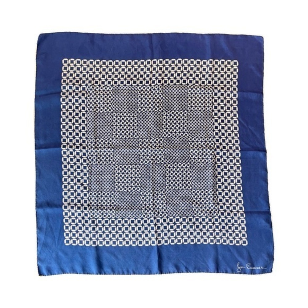 Jean Caseeere 27” square Bold Navy & Ivory Abstract Silk Scarf, Vintage 70’s